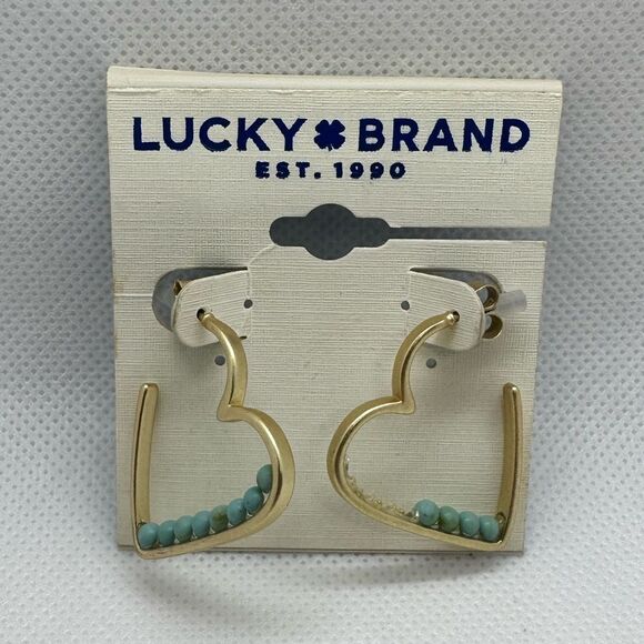 LUCKY BRAND Gold-Tone Stone Beaded Heart Hoop Earrings NWT - Picture 3 of 7